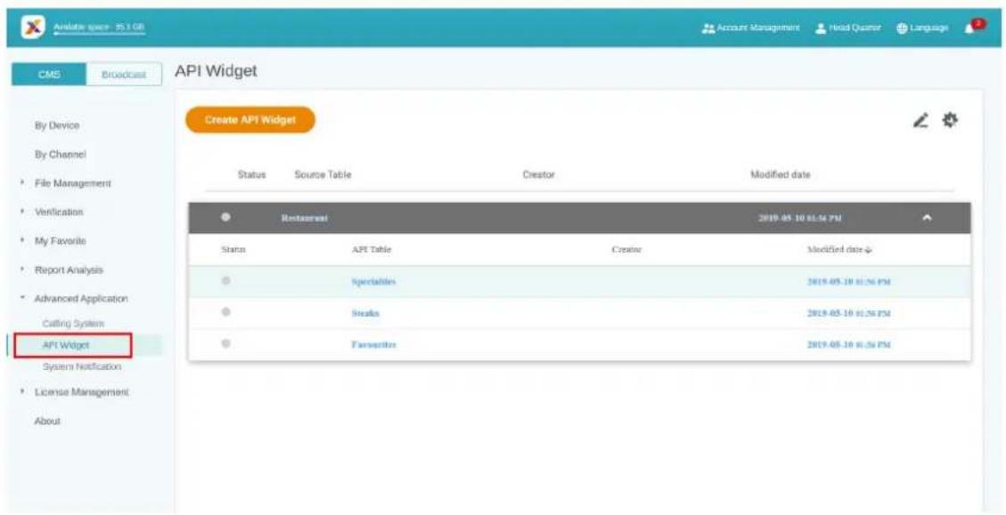 BENQ PL490 - To create an API table, select Advanced Application > API Widget. - 1