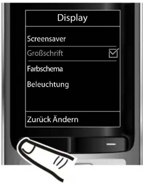 Display Screensaver Großschrift Farbschema Beleuchtung Zurück Ändern
