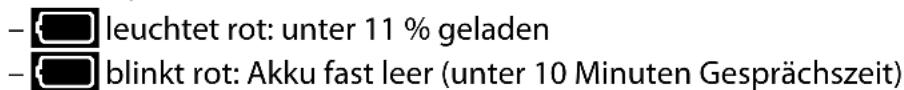 - leuchtet rot: unter 11 % geladen - blinkt rot: Akku fast leer (unter 10 Minuten Gesprächszeit)
