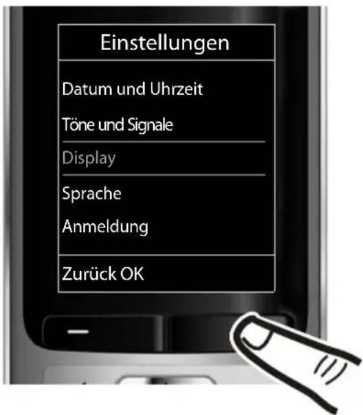 Einstellungen Datum und Uhrzeit Töne und Signale Display Sprache Anmeldung Zurück OK