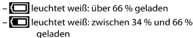 - leuchtet weiß: über 66 % geladen - leuchtet weiß: zwischen 34 % und 66 % geladen