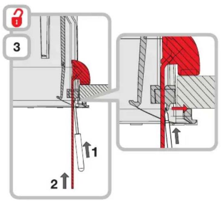 Technical diagram illustrating mechanical assembly steps with labeled components and directional arrows