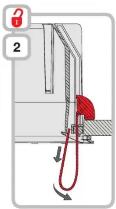 Diagram showing a red mechanical component with directional arrows indicating motion or force, labeled with parts 1 and 2.