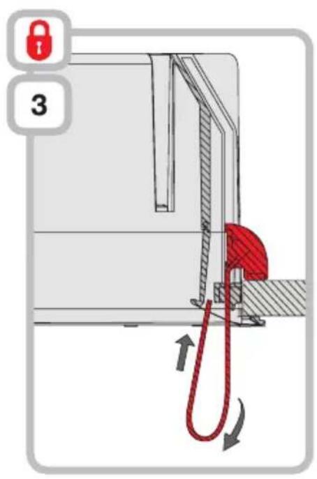 Diagram showing a red hand-painted object being inserted into a wall, with labeled parts and directional arrows indicating movement.
