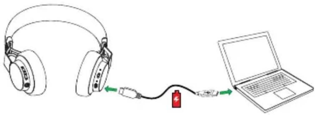 Diagram showing the connection between headphones, a battery, and a laptop with labeled components.