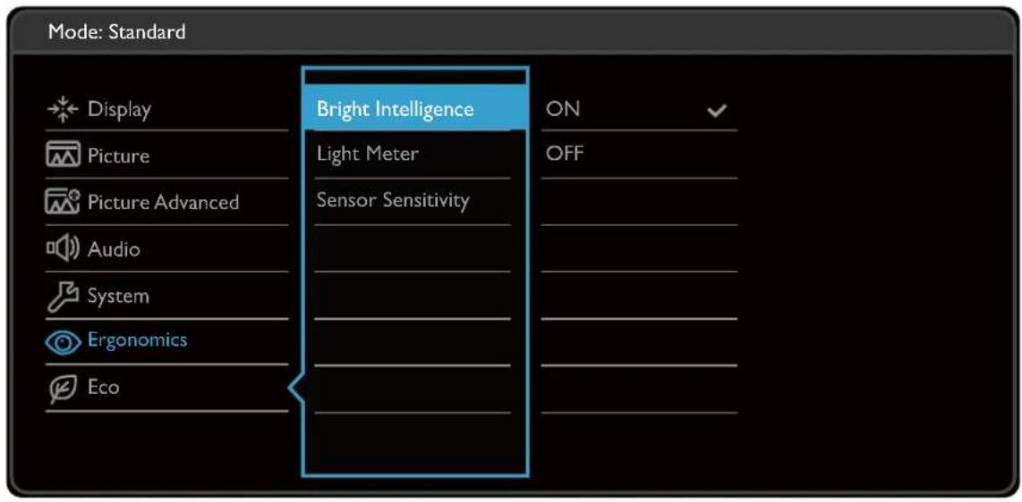 Mode: Standard Display Picture Picture Advanced Audio System Ergonomics Eco Bright Intelligence Light Meter Sensor Sensitivity ON OFF