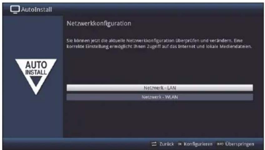 AutoInstall Netzwerkkonfiguration Sie können jetzt die aktuelle Netzwerkkonfiguration überprüfen und verändern. Eine korrekte Einstellung ermöglicht Ihnen Zugriff auf das Internet und lokale Mediendateien. Auto INSTALL Netzwerk - LAN Netzwerk - WLAN Zurück • Konfigurieren • Überspringen