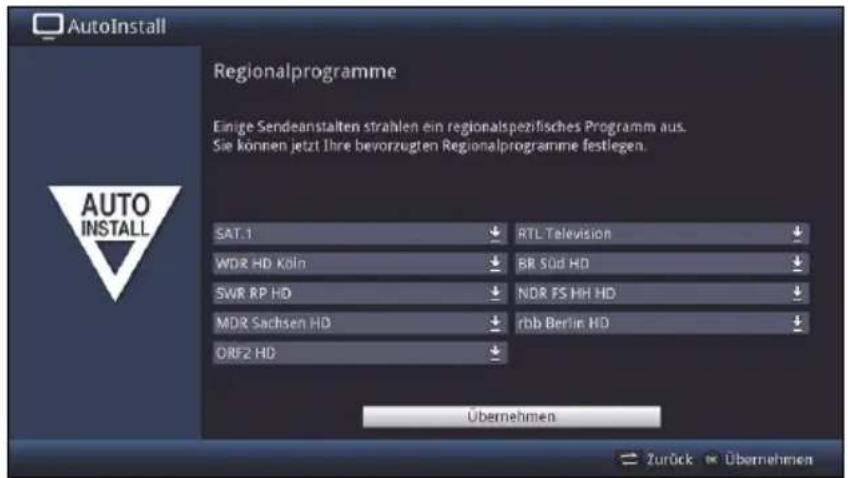 AutoInstall Regionalprogramme Einige Sendeanstalten strahlen ein regionalspezifisches Programm aus. Sie können jetzt Ihre bevorzugten Regionalprogramme festlegen. SAT.1 WDR HD Köln SWR RP HD MDR Sachsen HD ORF2 HD RTL Television BR Süd HD NDR FS HH HD rbb Berlin HD Übernehmen Zurück > Übernehmen