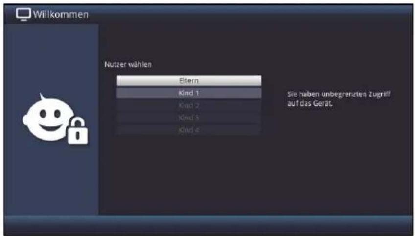 Willkommen Nutzer wählen Eltern Kind 1 Kind 2 Kind 3 Kind 4 Sie haben unbegrenzten Zugriff auf das Gerät.