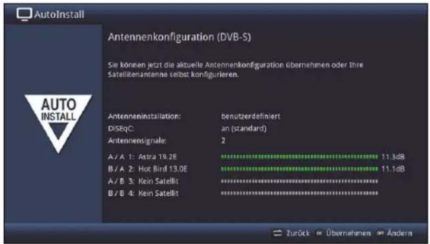 AutoInstall Antennenkonfiguration (DVB-S) Sie können jetzt die aktuelle Antennenkonfiguration übernehmen oder Ihre Satellitenantenne selbst konfigurieren. Antenneninstallation: benutzerdefiniert DISEQ: an (standard) Antennensignale: 2 A/A 1: Astra 19.2E 11.3dB B/A 2: Hot Bird 13.0E 11.1dB A/B 3: Kein Satellit B/B 4: Kein Satellit