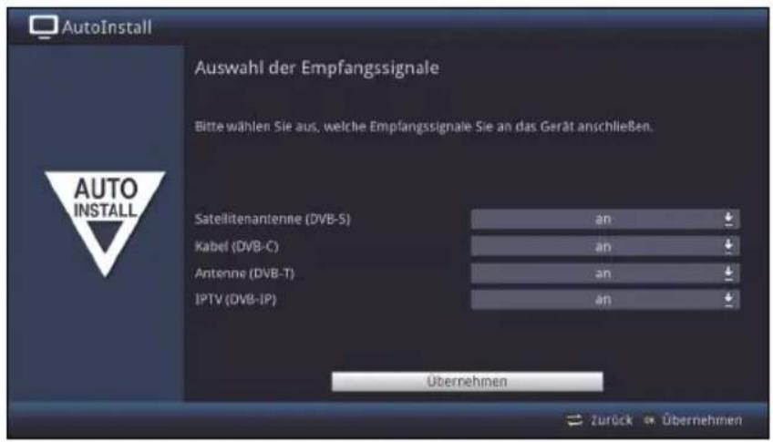 AutoInstall Auswahl der Empfangssignale Bitte wählen Sie aus, welche Empfangssignale Sie an das Gerät anschließen. Satellitenantenne (DVB-S) an Kabel (DVB-C) an Antenne (DVB-T) an IPTV (DVB-IP) an Übernehmen Zurück übernehmen