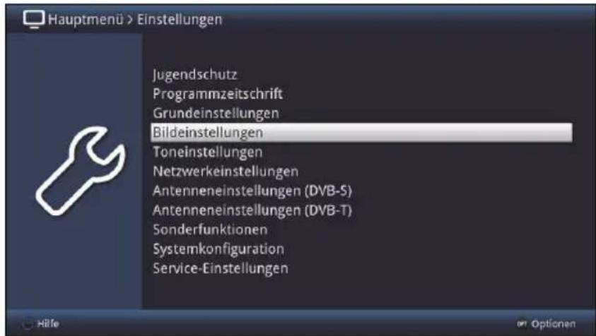 Hauptmenü > Einstellungen Jugendschutz Programmzeitschrift Grundeinstellungen Bildeinstellungen Toneinstellungen Netzwerkeinstellungen Antenneneinstellungen (DVB-S) Antenneneinstellungen (DVB-T) Sonderfunktionen Systemkonfiguration Service-Einstellungen