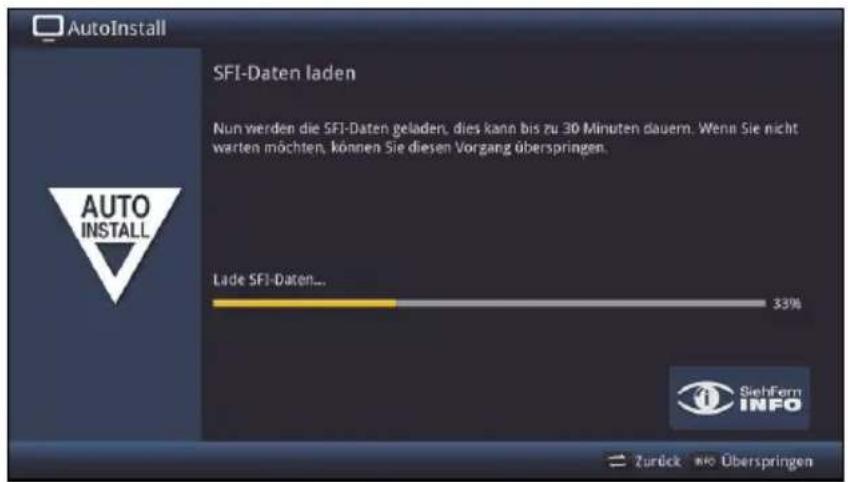 AutoInstall SFI-Daten laden Nun werden die SFI-Daten geladen, dies kann bis zu 30 Minuten dauern. Wenn Sie nicht warten möchten, können Sie diesen Vorgang überspringen. Lade SFI-Daten... 33% SiefHem INFO Zurück wie Überspringen