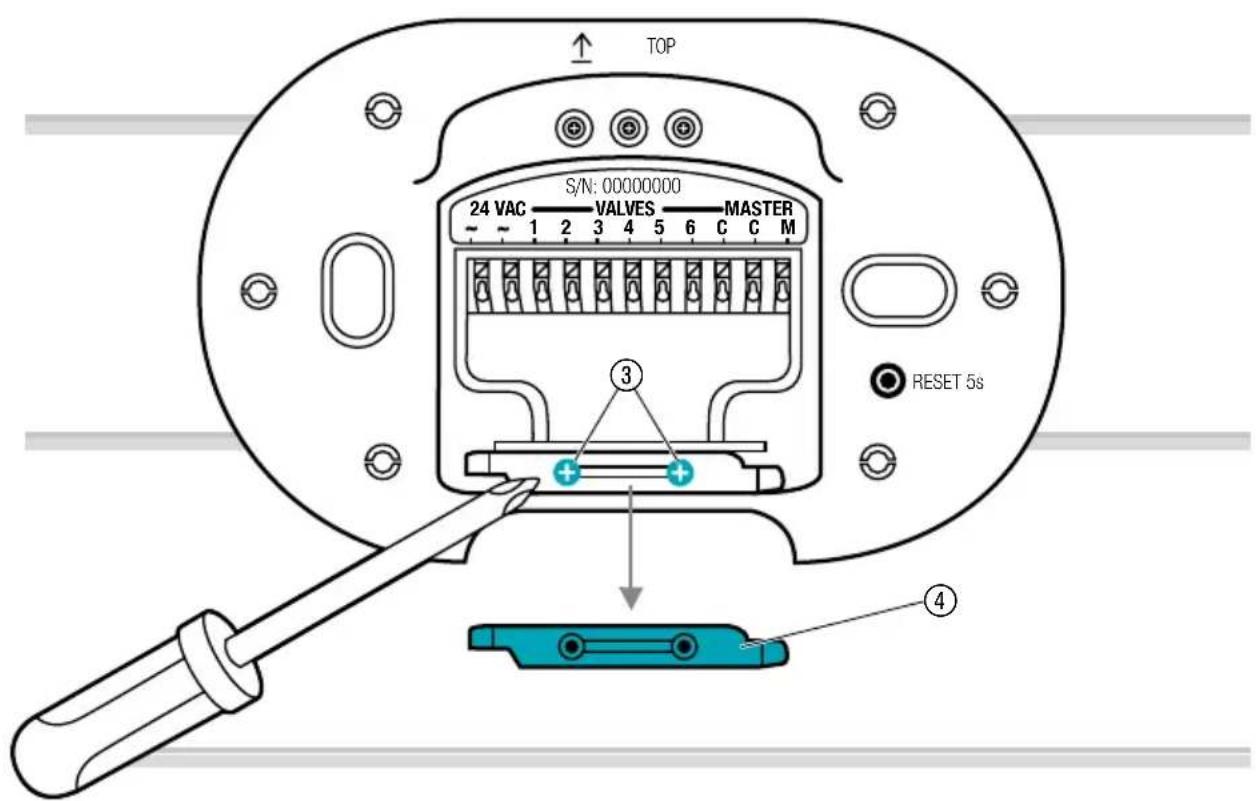 TOP S/N: 00000000 24 VAC VALVES MASTER - - 1 2 3 4 5 6 C C M ③ RESET 5s ④
