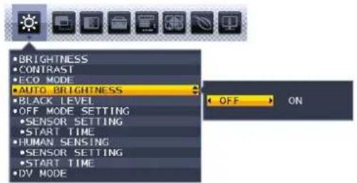 BRIGHTNESS CONTRAST ECO MODE AUTO BRIGHTNESS BLACK LEVEL OFF MODE SETTING SENSOR SETTING START TIME HUMAN SENSING SENSOR SETTING START TIME DV MODE