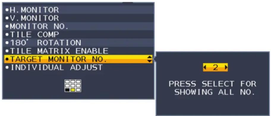 H. MONITOR V. MONITOR MONITOR NO. TILE COMP 180° ROTATION TILE MATRIX ENABLE TARGET MONITOR NO. INDIVIDUAL ADJUST PRESS SELECT FOR SHOWING ALL NO.