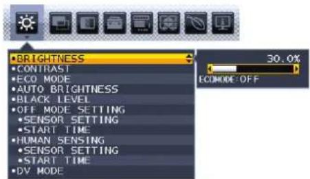BRIGHTNESS • CONTRAST • ECO MODE • AUTO BRIGHTNESS • BLACK LEVEL • OFF MODE SETTING • SENSOR SETTING • START TIME • HUMAN SENSING • SENSOR SETTING • START TIME • DV MODE 30.0% ECOMODE: OFF