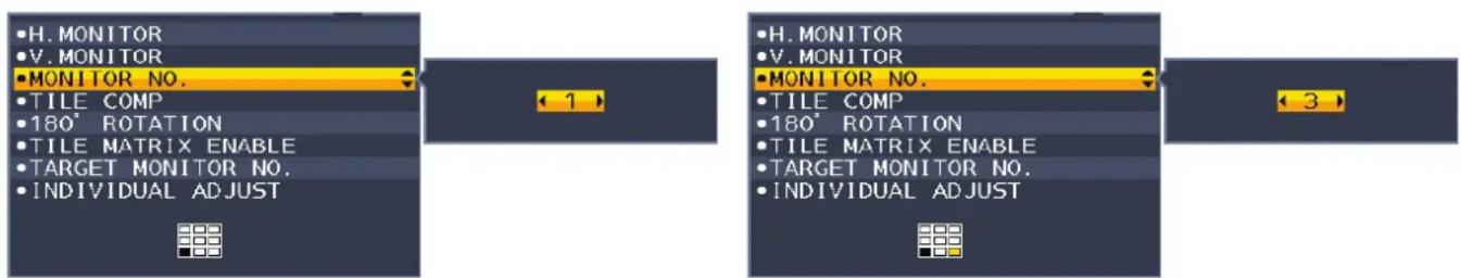 H. MONITOR V. MONITOR MONITOR NO. • TILE COMP • 180° ROTATION • TILE MATRIX ENABLE • TARGET MONITOR NO. • INDIVIDUAL ADJUST 1 H. MONITOR V. MONITOR MONITOR NO. • TILE COMP • 180° ROTATION • TILE MATRIX ENABLE • TARGET MONITOR NO. • INDIVIDUAL ADJUST 3