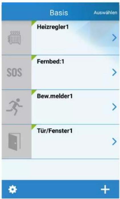 Basis Heizregler1 SOS Fernbed:1 Bew.melder1 Tür/Fenster1 Auswählen >