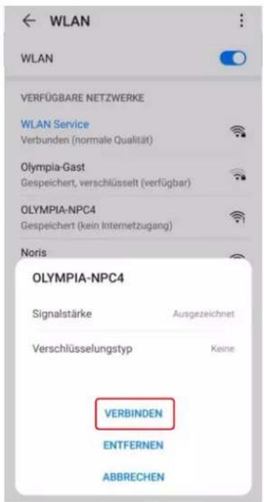 WLAN WLAN VERFÜGBARE NETZWERKE WLAN Service Verbunden (normale Qualität) Olympia-Gast Gespeichert, verschlüsselt (verfügba) OLYMPIA-NPC4 Gespeichert (kein Internetzugang) Noris OLYMPIA-NPC4 Signalstärke Ausgezeichnet Verschlüsselungstyp Keine VERBINDEN ENTFERNEN ABBRECHEN