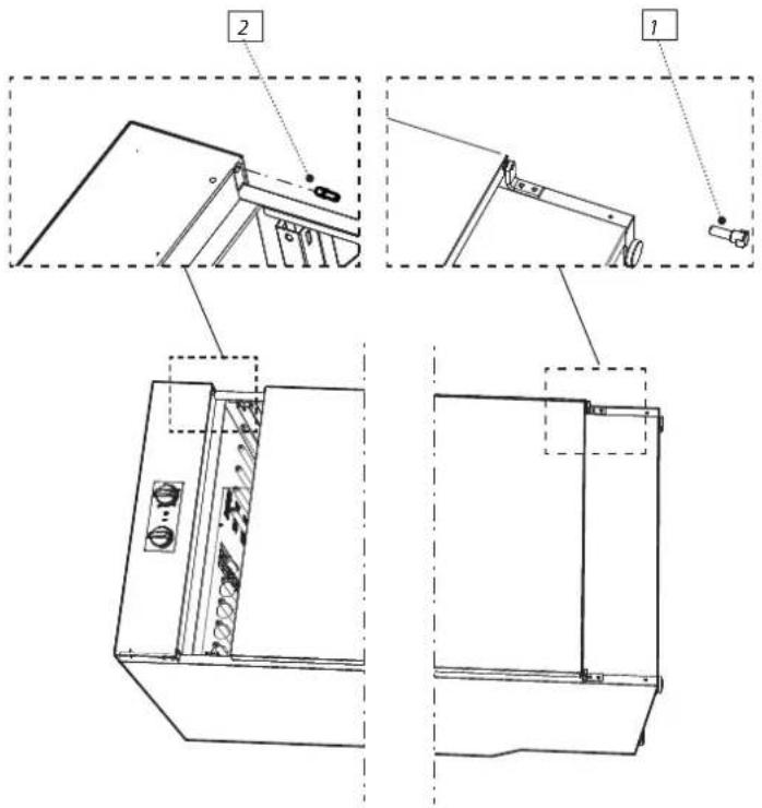 Technical diagram showing exploded and assembled views of a mechanical device with labeled components 1 and 2