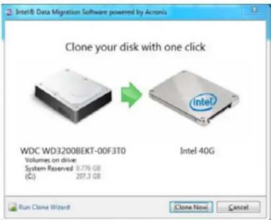 Intel® Data Migration Software powered by Acronis Clone your disk with one click WDC WD3200BEKT-00F3T0 Volumes on drive: System Reserved 0.776 GB (©) 297.3 GB Intel 40G Run Clone Wizard Clone Now Cancel