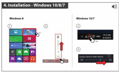 4. Installation - Windows 10/8/7 Windows 8 ① ② Windows 10/7 ① ② ① ENG 19:12 AM 8:10:03 1X ② Speakers (Generic Audio Device) 08 70