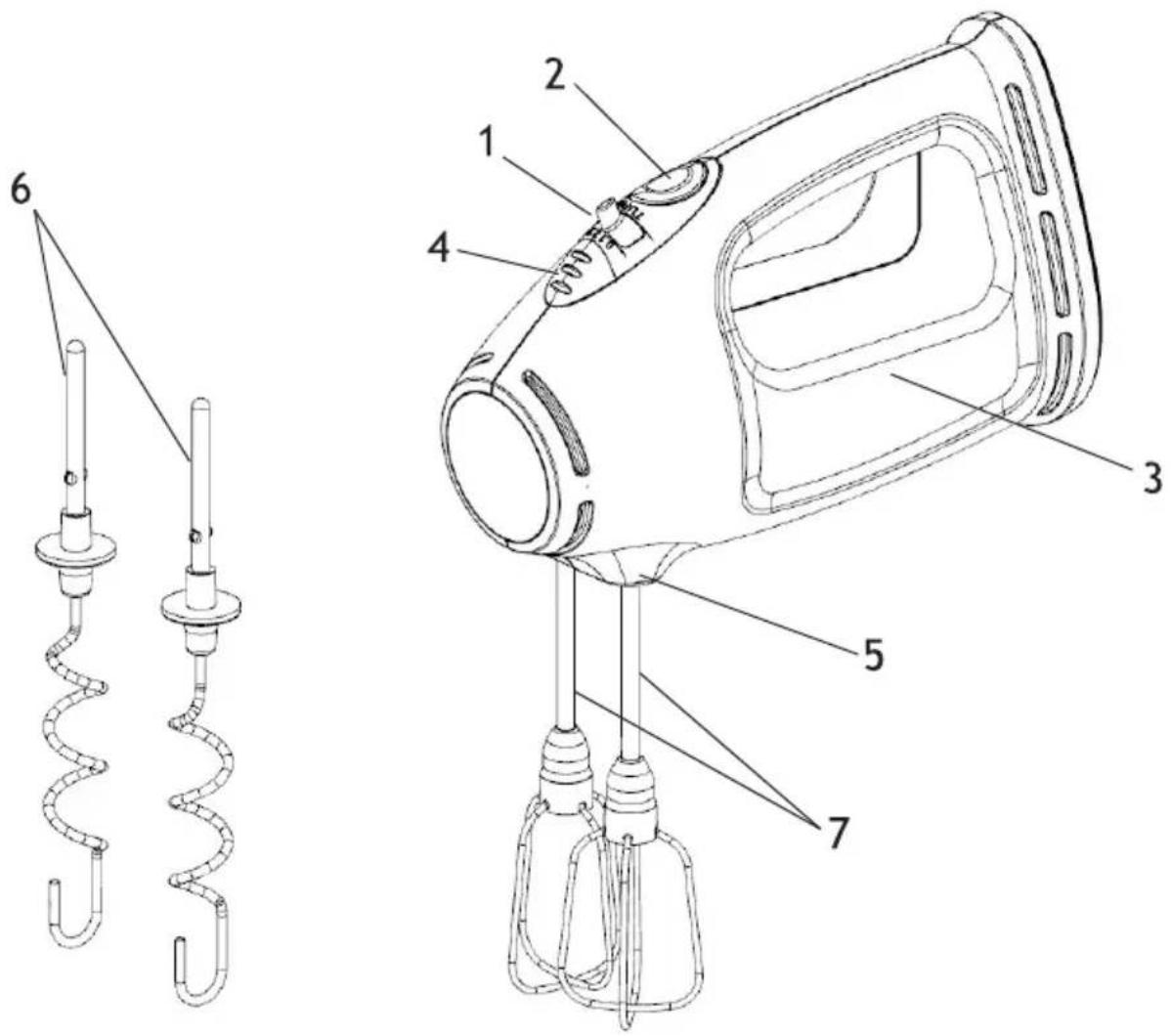 Technical diagram of a hand mixer with labeled parts including coiled spring, motor, and handle mechanism