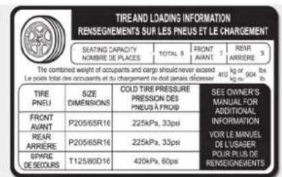 TIRE AND LOADING INFORMATION RENSEGNEMENTS SUR LES PNEUS ET LE CHARGEMENT SEATING CAPACITY NOMBRE DE PLACES TOTAL 5 FRONT AVANT REAR ARRÈRE 3 410 kg or 904 lbs kg CO2 904 lb. The combined weight of occupants and cargo should never exceed Le point total des occupants et du chargement ne doit jamais dégresser. TIRE PNEU SIZE DIMENSIONS COLD TIRE PRESSURE PRESSION DES PNEUS À FROID SEE OWNER'S MANUAL FOR ADDITIONAL INFORMATION VOR LE MANUEL DE L'USAGER POUR PLUS DE RENSEGNEMENTS FRONT AVANT P205/65R16 225kPa, 33psi REAR ARRÈRE P205/65R16 225kPa, 33psi SPARE DE SECOURS T125/80D16 420kPa, 60ps