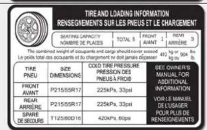 TIRE AND LOADING INFORMATION RENSEGNEMENTS SUR LES PNEUS ET LE CHARGEMENT SEATING CAPACITY NOMBRE DE PLACES TOTAL 5 FRONT AVANT 2 REVI ARRÊRE 3 The combined weight of occupants and cargo should never exceed 410 kg or 304 Btu Le poils total des occupants et du chargement ne doit jamais digasser TIRE PNEU SIZE DIMENSIONS COLD TIRE PRESSURE PRESSION DES PNEUS À FROID SEE OWNER'S MANUAL FOR ADDITIONAL INFORMATION REAR ARRÊRE P215/55R17 225kPa, 33pEI VOIR LE MANUEL DE L'USAGER SPARE DE SECOURS P215/55R17 225kPa, 33pEI POUR PLUS DE RENSEGNEMENTS T125/80D16 420kPa, 50ps
