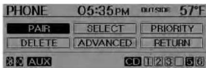 PHONE 05:35PM OUTSIDE 57°F PAIR SELECT PRIORITY DELETE ADVANCED RETURN AUX CD 1 2 3 5 6