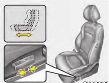 Diagram showing car seat assembly with highlighted left side and internal components, including a 3D model of the seat and directional arrows.