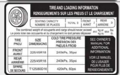 TIRE AND LOADING INFORMATION RENSEGNEMENTS SUR LES PNEUS ET LE CHARGEMENT SEATING CAPACITY NOMBRE DE PLACES TOTAL 5 FRONT AVANT REAR ARRIÈRE 40 kg or 904.8bs Le poets total des occupants et du chargement le port pensant agasser TIRE PNEU SIZE DIMENSIONS COLD TIRE PRESSURE PRESSION DES PNEUS À FROID SEE OWNER'S MANUAL FOR ADDITIONAL INFORMATION REAR ARRIÈRE 225/45R18 240kPa, 35psi VOIR LE MANUEL DE L'USAGER POUR PLUS DE RENSEGNEMENTS SPARE DE SECOURS T125/80D16 240kPa, 35psi 420kPa, 60ps