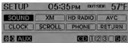 SETUP 05:35PM OUTSIDE 57°F SOUND XM HD RADIO AVC CLOCK SCROLL PHONE RETURN AUX CD T123□56
