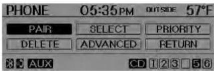 PHONE 05:35PM OUTSIDE 57°F PAIR SELECT PRIORITY DELETE ADVANCED RETURN AUX CD 123 56