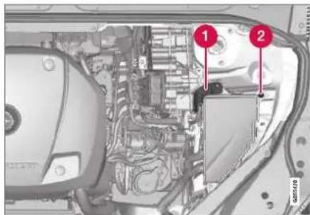 Technical diagram of a vehicle engine bay with numbered components and labeled parts