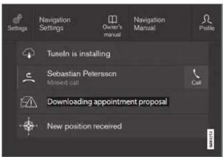 Settings Navigation Settings Owner's manual Navigation Manual Profile Tuneln is installing Sebastian Petersson Missed call Call Downloading appointment proposal New position received