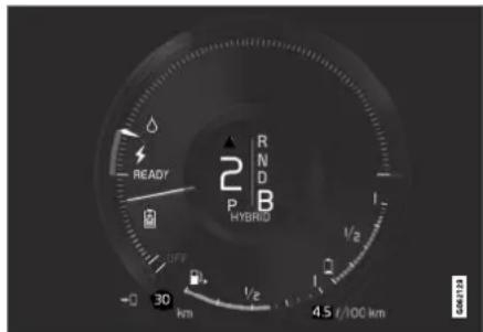 READY 2 P R N D B HYBRID OFF 30 km 1/2 4.5 F/100 km GPT9