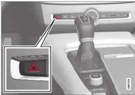 Car interior control panel with warning sign and warning triangle icon, showing status bar and mode dial