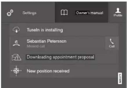 Settings Owner's manual Profile Tuneln is installing Sebastian Petersson Missed call Call Downloading appointment proposal New position received