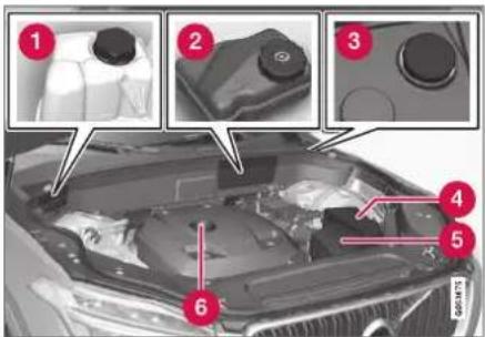 Diagram of car engine compartment with numbered parts and close-ups of the engine compartment, highlighting key components.