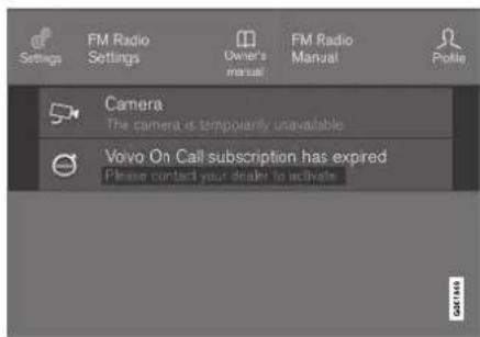 Settings FM Radio Settings Owner's manual FM Radio Manual Profile Camera The camera is temporarily unavailable Volvo On Call subscription has expired Please contact your dealer to activate