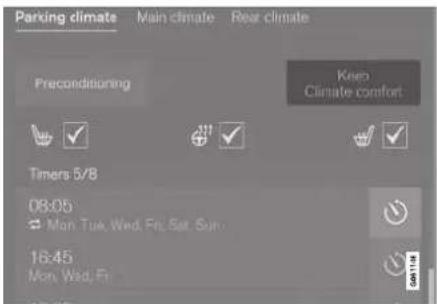Parking climate Main climate Rear climate Preconditioning Keep Climate comfort Timers 5/8 08:05 Mon Tue, Wed, Fri, Sat, Sun 16:45 Mon, Wed, Fri