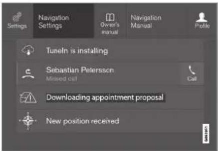 Settings Navigation Settings Owner's manual Navigation Manual Profile Tuneln is installing Sebastian Petersson Missed call Call Downloading appointment proposal New position received