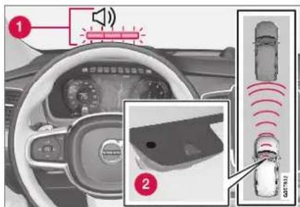 Diagram showing car safety system with speaker, sensor, and sensor components labeled 1 and 2