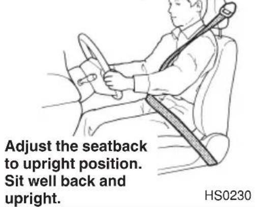 Adjust the seatback to upright position. Sit well back and upright. HS0230