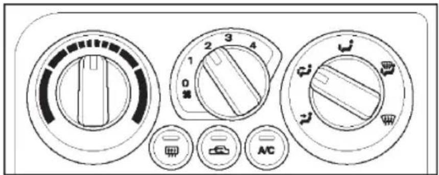 Diagram of a car air conditioner control panel with labeled buttons and gauges