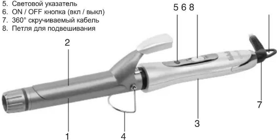5. Световой указатель 6. ON / OFF кнопка (вкл / выкл) 7. 360° скручиваемый кабель 8. Петля для подвешивания