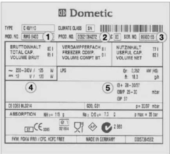 Dometic TYPE C 40/110 CLIMATE CLASS SN MOD. NO. RMS 8400 1 PROD. NO. 00921084272 2 C OC SER. NO. 99900155 3 BRUTTOINHALT 80 I VERDAMPFERFACH 81 NUTZINHALT 77 I TOTAL CAP. 85 I FREEZER COMP. 01 USEFUL CAP. 82 I VOLUME BRUT VOLUME COMPT BT VOLUME NET ~ 230-240V / 125 W LPG Qn: 0,262 kW (HS) = 12 V / 125 W fl: 18.3 g/h ④ ⑤ i3+ 28-30/37 i3BIP 23-30 mbar i3P 37 CE 0063 BL3214 G30, G31 p=30/97 mbar ABSORPTION NHs= 115 g No: CrO a= 7.0 Q p max = 35 bar CT CE COBS e 1 Z 560 021654 FKW, FCKW FREI / CFC, HCFC FREE MADE IN GERMANY 00057364562