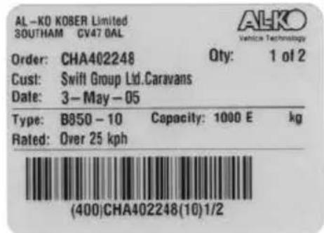 AL-KO KOBER Limited SOUTHAM CV47 GAL Order: CHA402248 Qty: 1 of 2 Cust: Swift Group Ltd.Caravans Date: 3-May-05 Type: B850-10 Capacity: 1000 E kg Rated: Over 25 kph (400)CHA402248(10)1/2